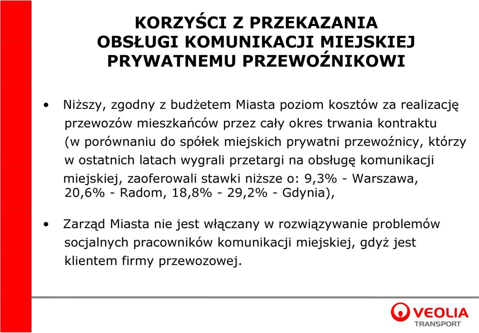 wygrali przetargi na obsługę komunikacji miejskiej, zaoferowali stawki niższe o: 9,3% - Warszawa, 20,6% - Radom, 18,8% - 29,2% - Gdynia),