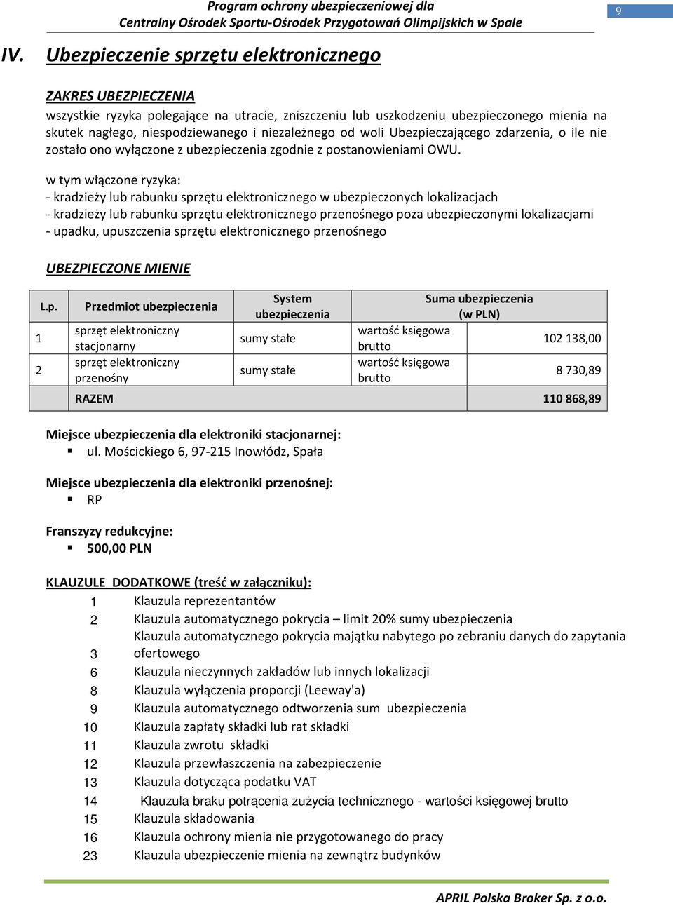 w tym włączone ryzyka: - kradzieży lub rabunku sprzętu elektronicznego w ubezpieczonych lokalizacjach - kradzieży lub rabunku sprzętu elektronicznego przenośnego poza ubezpieczonymi lokalizacjami -