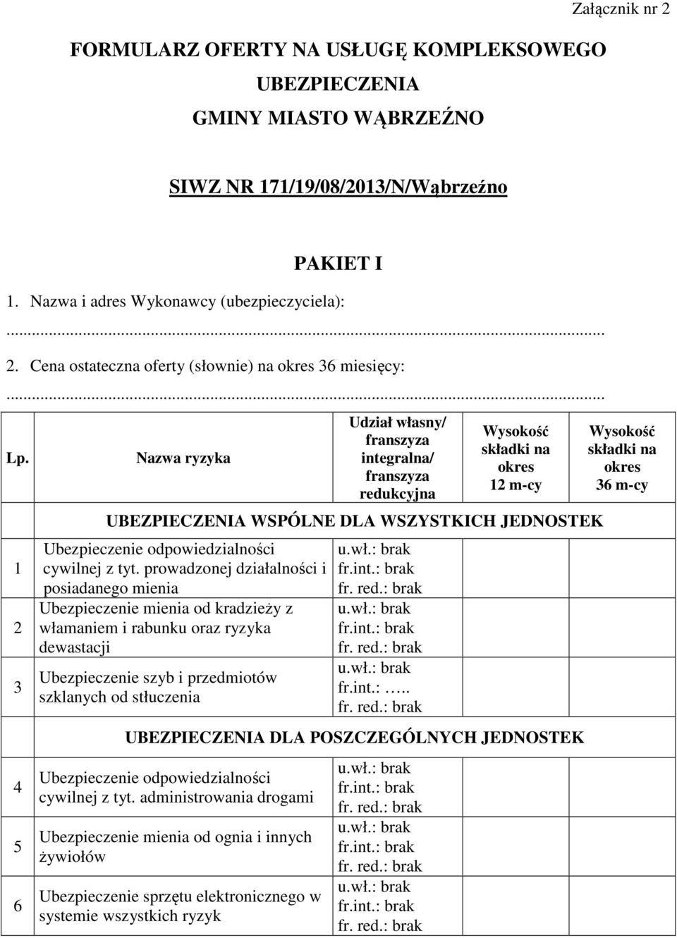 1 2 3 4 5 6 Nazwa ryzyka Udział własny/ franszyza integralna/ franszyza redukcyjna Wysokość składki na okres 12 m-cy UBEZPIECZENIA WSPÓLNE DLA WSZYSTKICH JEDNOSTEK Ubezpieczenie odpowiedzialności