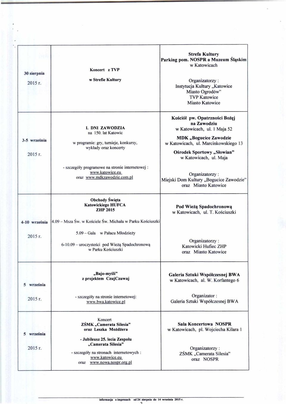 1 Maja 52 MDK Bogucice Zawodzie, ul. Marcinkowskiego 13 Ośrodek Sportowy S łowian", ul. Maja Miejski Dom Kultury Bogucice Zawodzie" 4-10 września Obchody Święta Katowickiego HUFCA ZHP 2015 4.