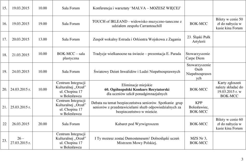 00 Sala Forum Zespół wokalny Estrada i Orkiestra Wojskowa z Żagania 23. Śląski Pułk Artylerii 18. 21.03.2015 10.00 sala plastyczna Tradycje wielkanocne na świecie prezentacja E. Parada 19. 24.03.2015 10.00 Sala Forum Światowy Dzień Inwalidów i Ludzi Niepełnosprawnych 20.