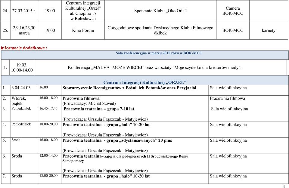 00 Konferencja MALVA- MOŻE WIĘCEJ oraz warsztaty "Moje szydełko dla kreatorów mody". Kulturalnej,,ORZEŁ 1. 3.04 24.03 16.00 Stowarzyszenie Reemigrantów z Bośni, ich Potomków oraz Przyjaciół 2.