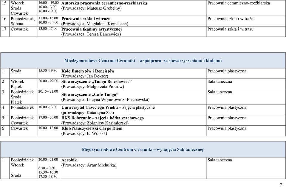 00 Pracownia tkaniny artystycznej (Prowadząca: Teresa Bancewicz) Pracownia ceramiczno-rzeźbiarska Pracownia szkła i witrażu Pracownia szkła i witrażu Międzynarodowe Centrum Ceramiki współpraca ze
