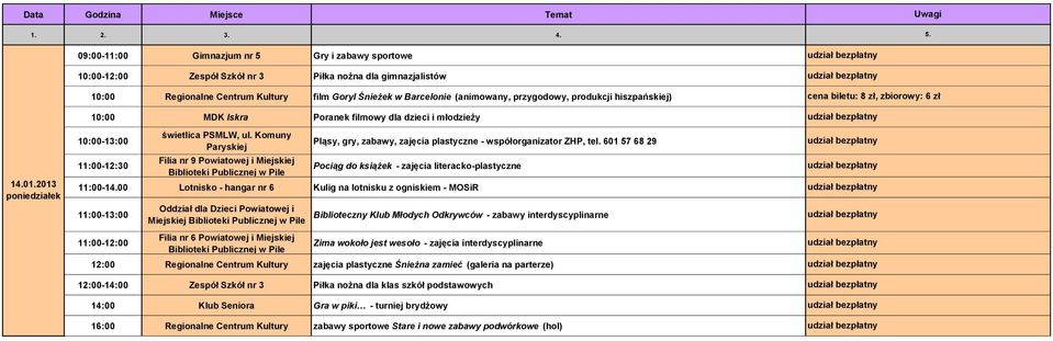 (animowany, przygodowy, produkcji hiszpańskiej) 10:00 MDK Iskra Poranek filmowy dla dzieci i młodzieży 10:00-13:00 11:00-12:30 świetlica PSMLW, ul.