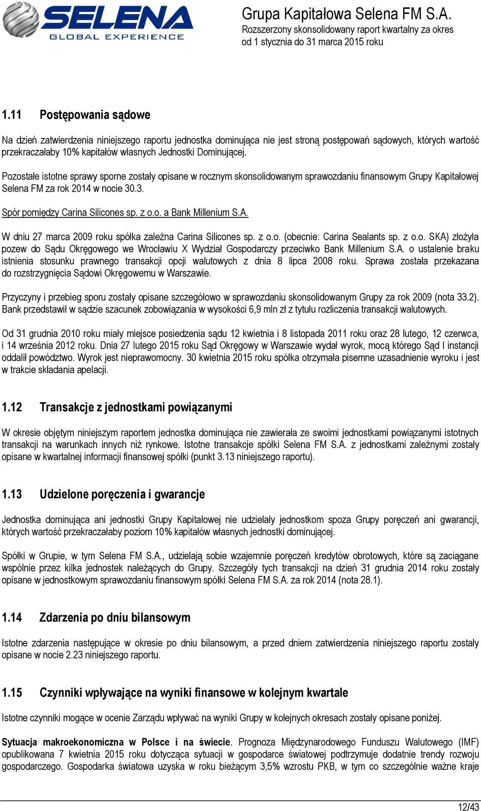 Pozostałe istotne sprawy sporne zostały opisane w rocznym skonsolidowanym sprawozdaniu finansowym Grupy Kapitałowej Selena FM za rok 2014 w nocie 30.3. Spór pomiędzy Carina Silicones sp. z o.o. a Bank Millenium S.