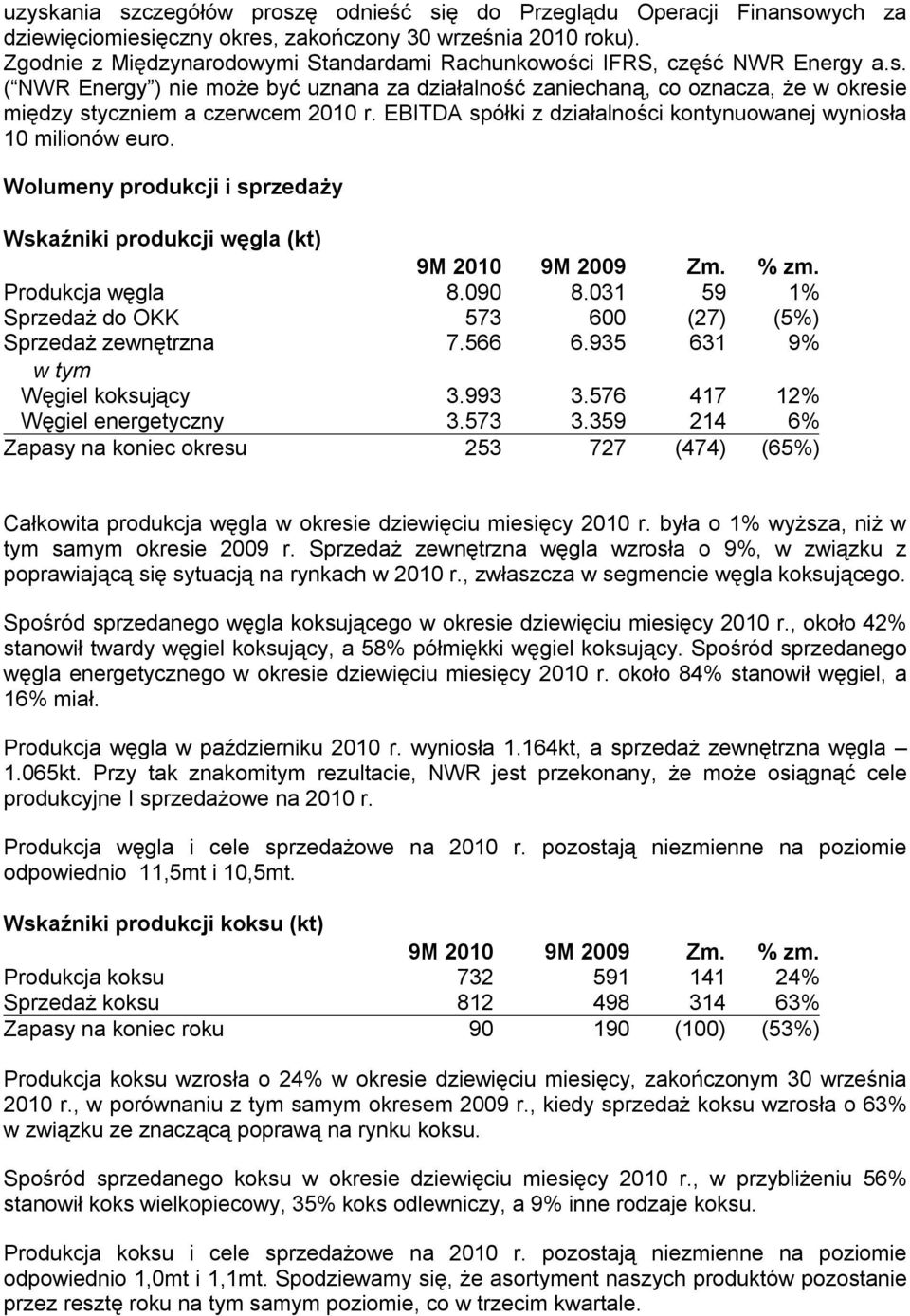 ( NWR Energy ) nie może być uznana za działalność zaniechaną, co oznacza, że w okresie między styczniem a czerwcem 2010 r. EBITDA spółki z działalności kontynuowanej wyniosła 10 milionów euro.