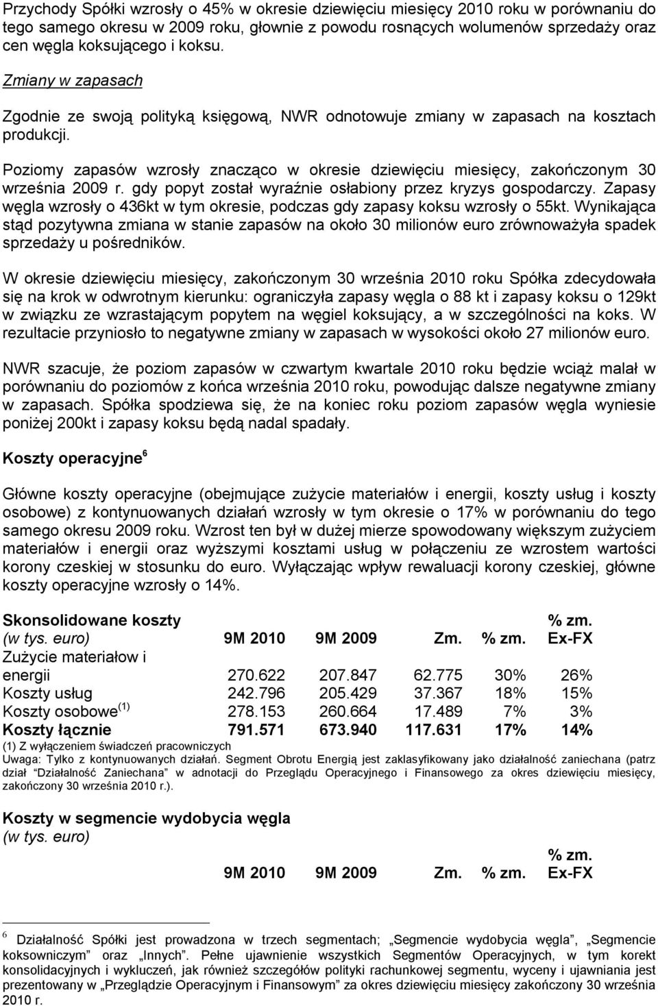 Poziomy zapasów wzrosły znacząco w okresie dziewięciu miesięcy, zakończonym 30 września 2009 r. gdy popyt został wyraźnie osłabiony przez kryzys gospodarczy.