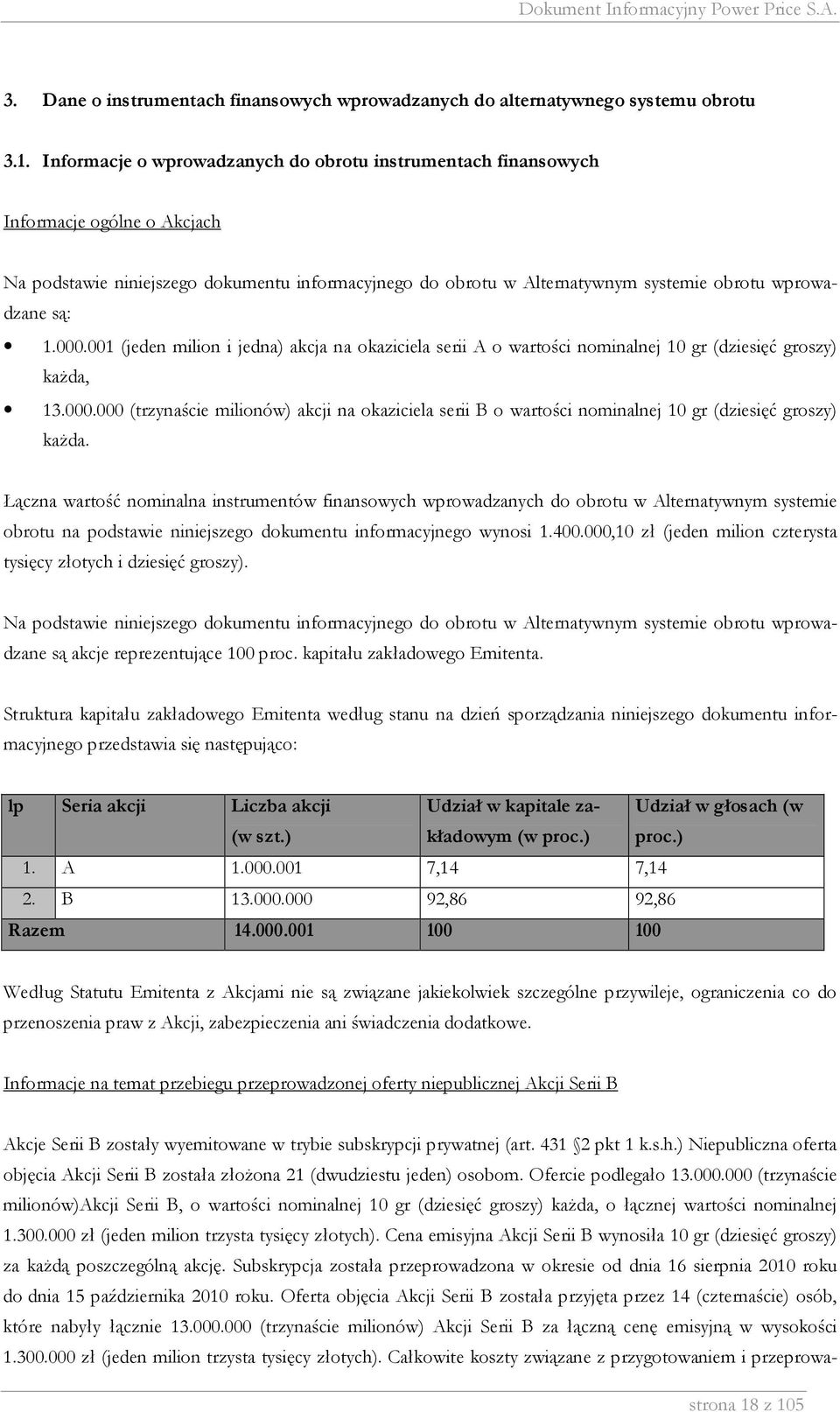 1.000.001 (jeden milion i jedna) akcja na okaziciela serii A o wartości nominalnej 10 gr (dziesięć groszy) kaŝda, 13.000.000 (trzynaście milionów) akcji na okaziciela serii B o wartości nominalnej 10 gr (dziesięć groszy) kaŝda.