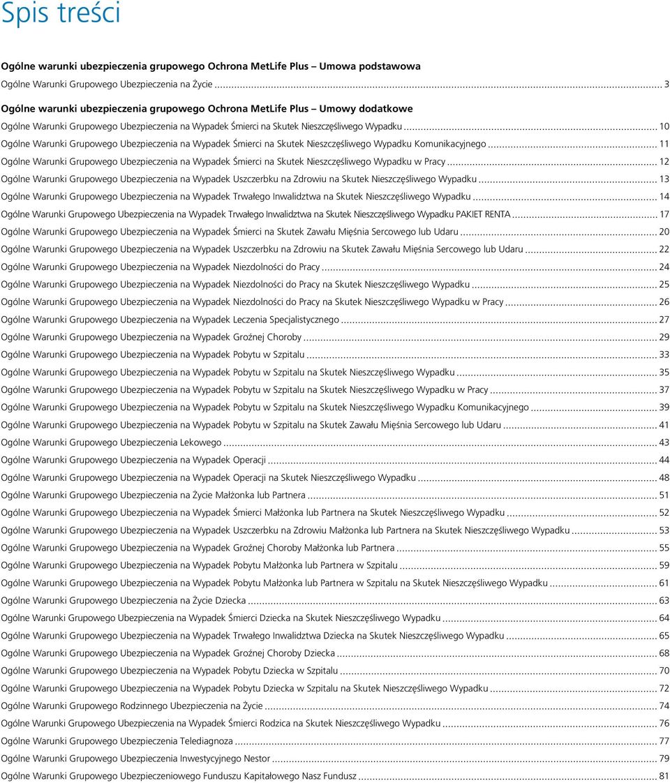 Wypadku Komunikacyjnego 11 Ogólne Warunki Grupowego Ubezpieczenia na Wypadek Śmierci na Skutek Nieszczęśliwego Wypadku w Pracy 12 Ogólne Warunki Grupowego Ubezpieczenia na Wypadek Uszczerbku na