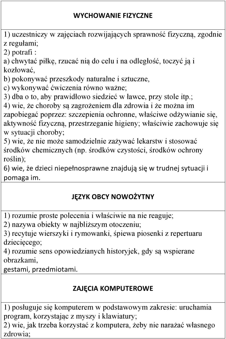 ; 4) wie, że choroby są zagrożeniem dla zdrowia i że można im zapobiegać poprzez: szczepienia ochronne, właściwe odżywianie się, aktywność fizyczną, przestrzeganie higieny; właściwie zachowuje się w