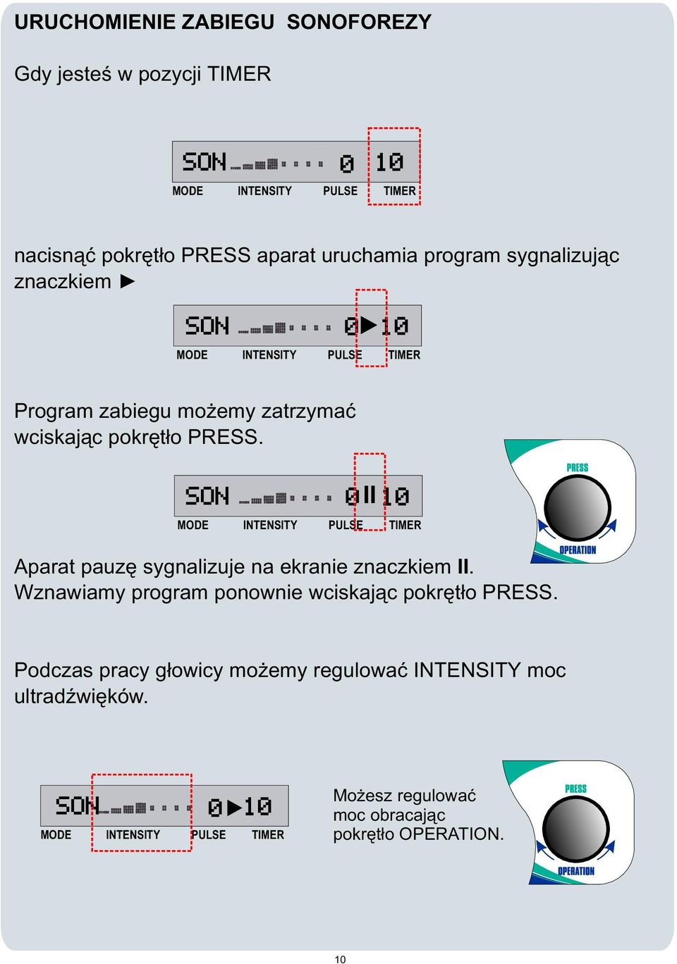 SON 0 II 10 Aparat pauzê sygnalizuje na ekranie znaczkiem II. Wznawiamy program ponownie wciskaj¹c pokrêt³o PRESS.