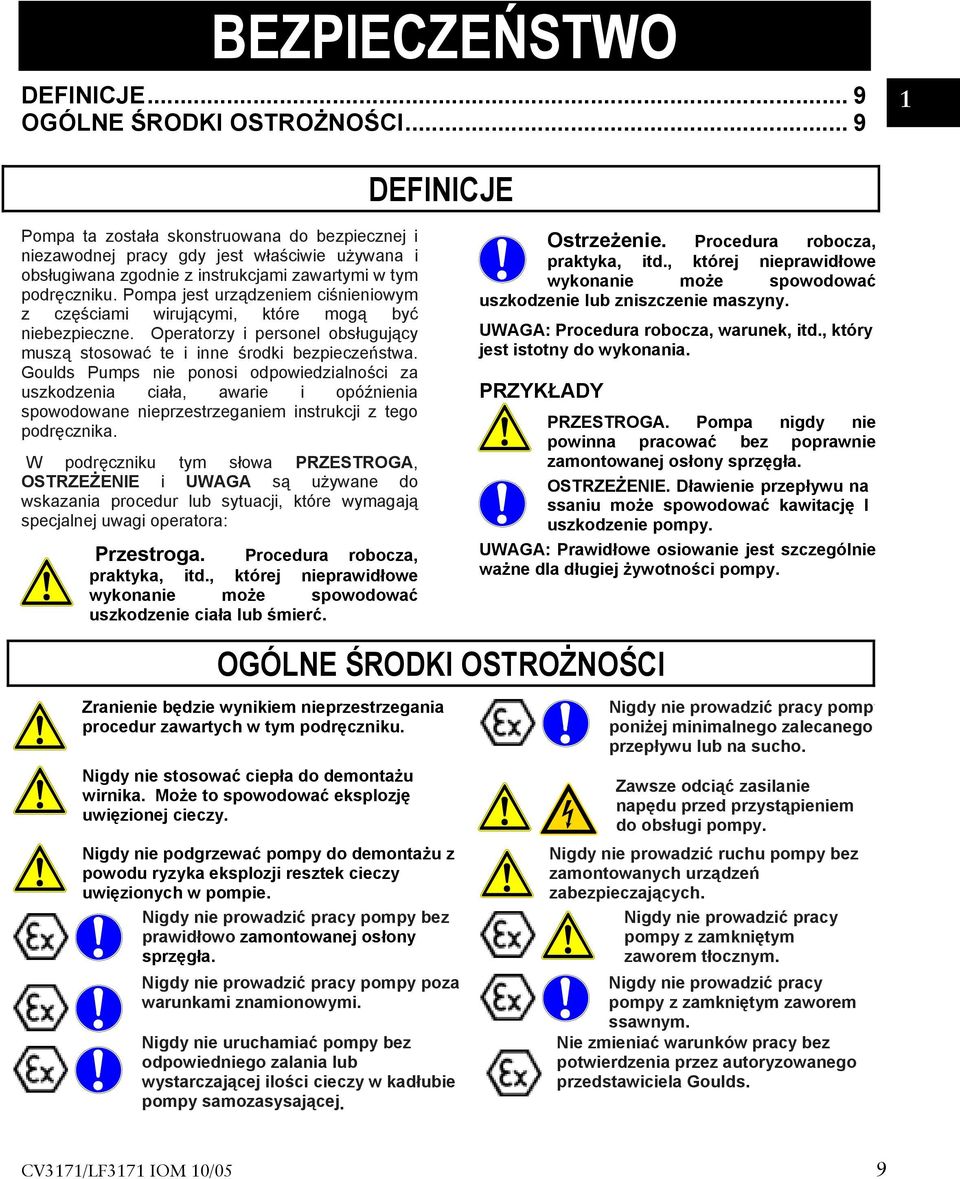 Pompa jest urządzeniem ciśnieniowym z częściami wirującymi, które mogą być niebezpieczne. Operatorzy i personel obsługujący muszą stosować te i inne środki bezpieczeństwa.