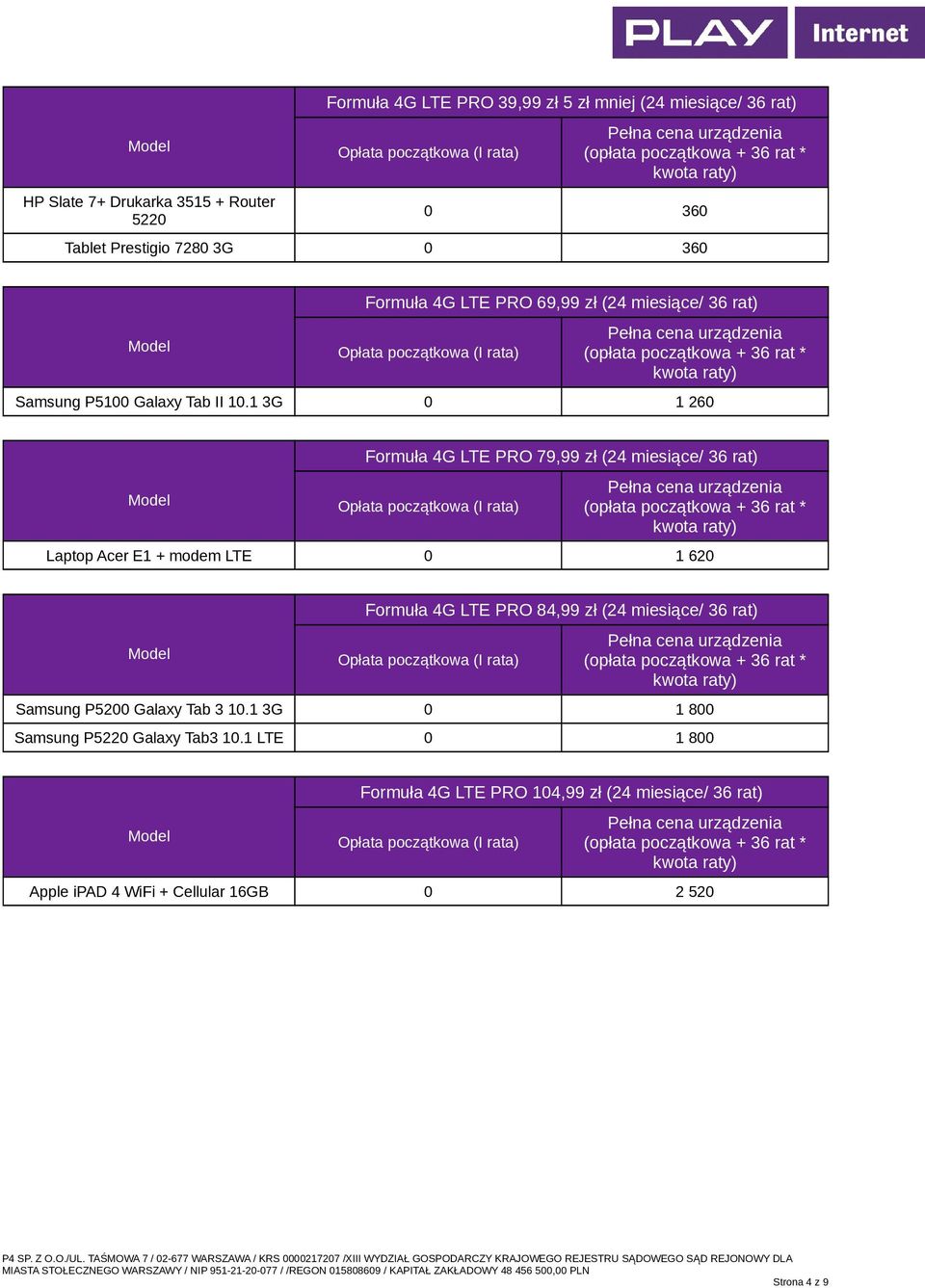 1 3G 0 1 260 Formuła 4G LTE PRO 79,99 zł (24 miesiące/ 36 rat) Laptop Acer E1 + modem LTE 0 1 620 Formuła 4G LTE PRO 84,99 zł (24 miesiące/