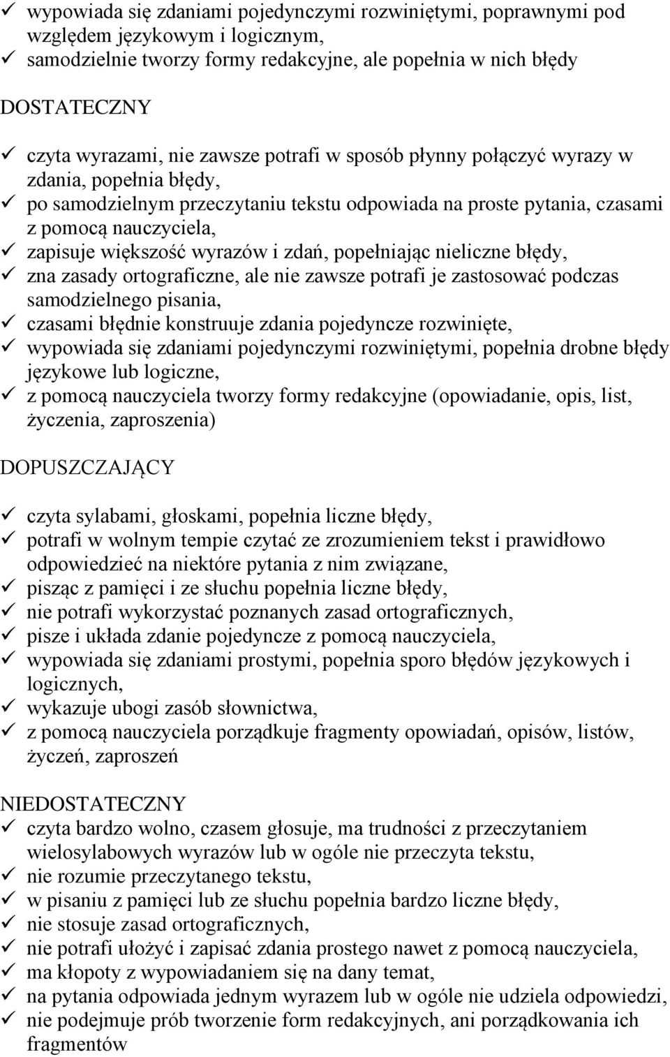 popełniając nieliczne błędy, zna zasady ortograficzne, ale nie zawsze potrafi je zastosować podczas samodzielnego pisania, czasami błędnie konstruuje zdania pojedyncze rozwinięte, wypowiada się