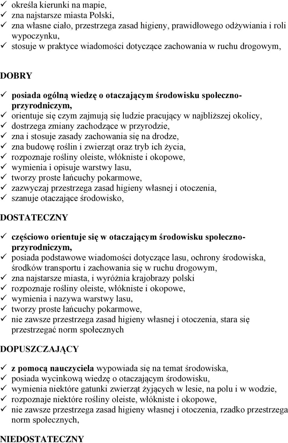 przyrodzie, zna i stosuje zasady zachowania się na drodze, zna budowę roślin i zwierząt oraz tryb ich życia, rozpoznaje rośliny oleiste, włókniste i okopowe, wymienia i opisuje warstwy lasu, tworzy