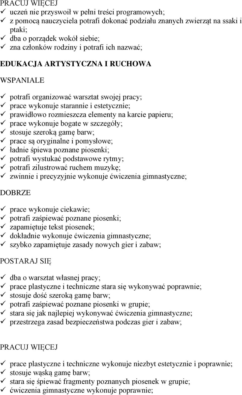 prace wykonuje bogate w szczegóły; stosuje szeroką gamę barw; prace są oryginalne i pomysłowe; ładnie śpiewa poznane piosenki; potrafi wystukać podstawowe rytmy; potrafi zilustrować ruchem muzykę;