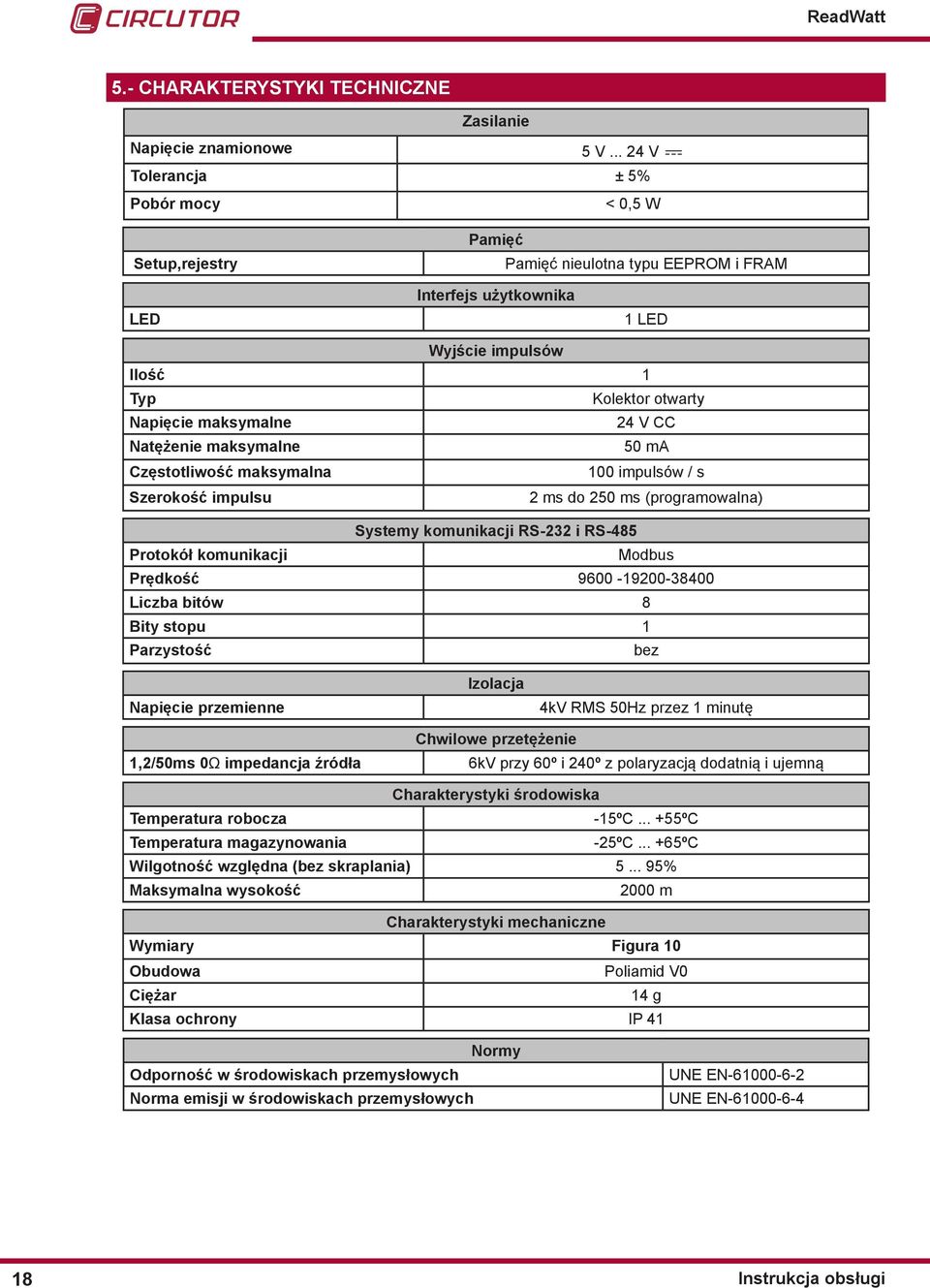 24 V CC Natężenie maksymalne 50 ma Częstotliwość maksymalna 100 impulsów / s Szerokość impulsu 2 ms do 250 ms (programowalna) Systemy komunikacji RS-232 i RS-485 Protokół komunikacji Modbus Prędkość