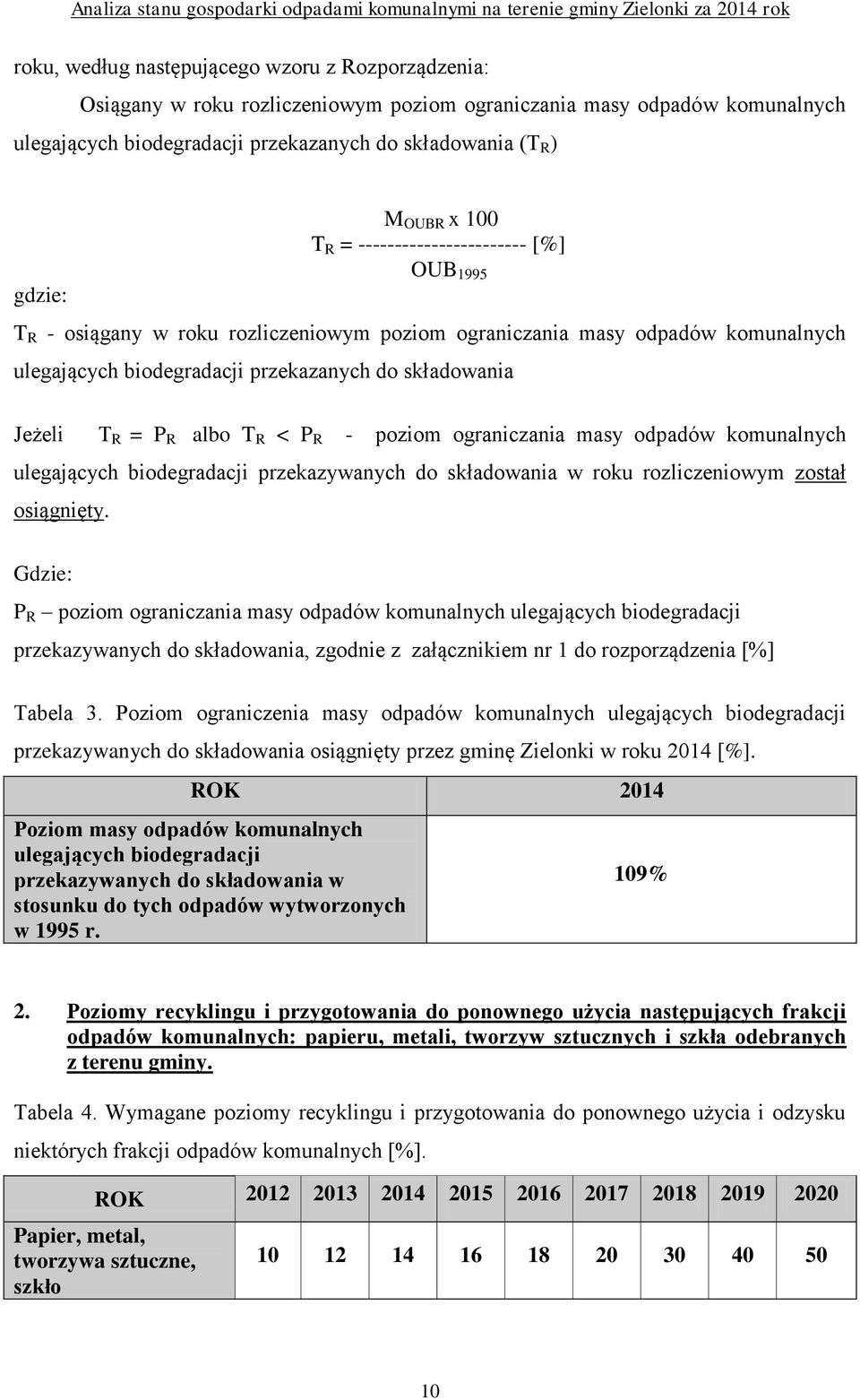 R = P R albo T R < P R - poziom ograniczania masy odpadów komunalnych ulegających biodegradacji przekazywanych do składowania w roku rozliczeniowym został osiągnięty.