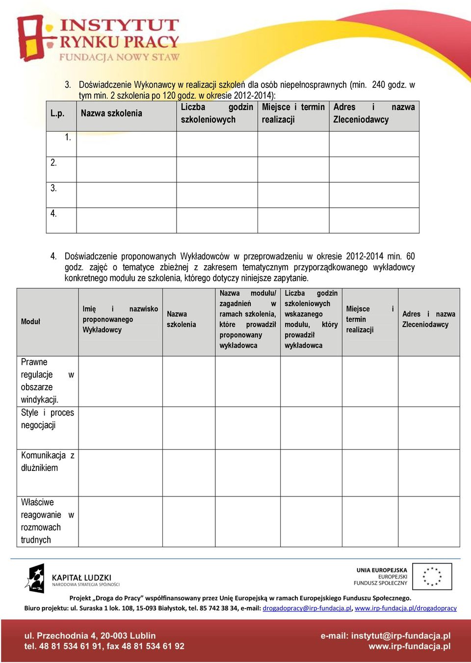 zajęć o tematyce zbieżnej z zakresem tematycznym przyporządkowanego wykładowcy konkretnego modułu ze szkolenia, którego dotyczy niniejsze zapytanie.