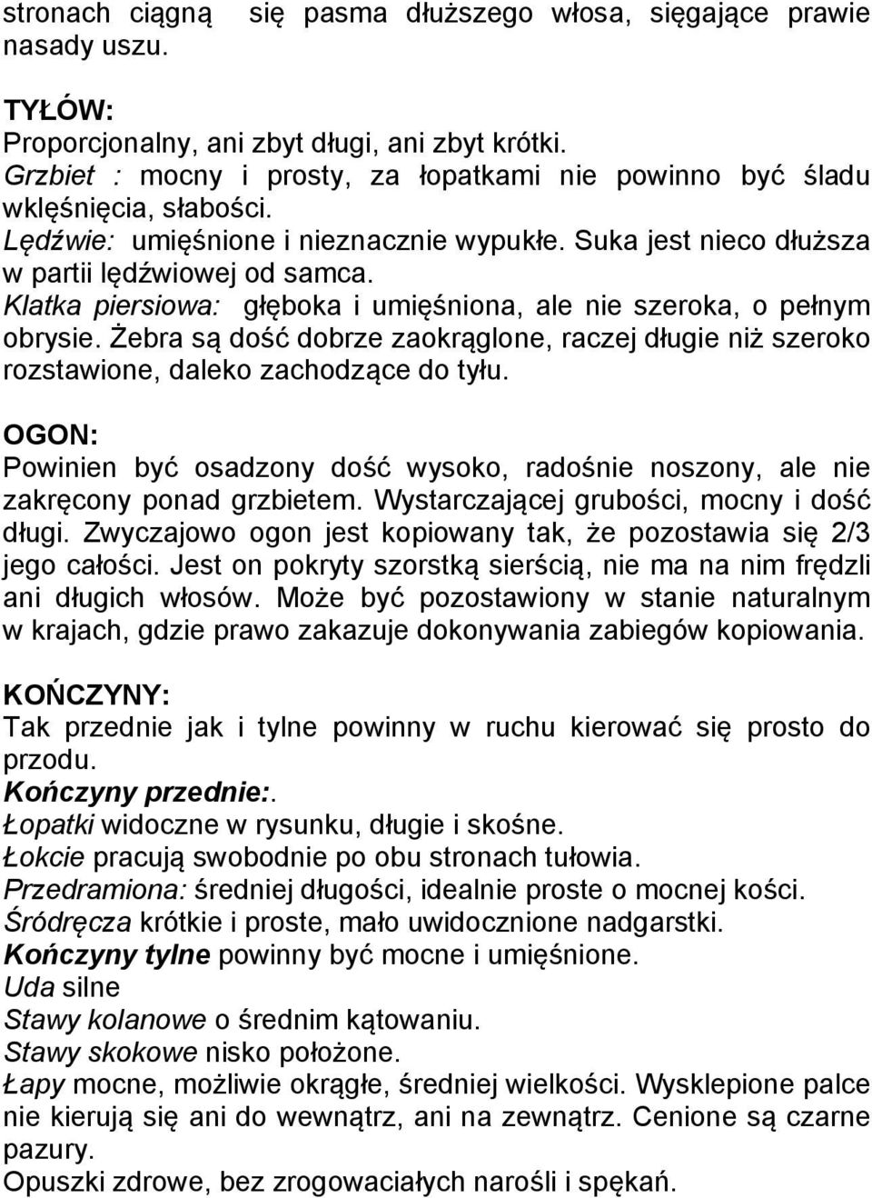 Klatka piersiowa: głęboka i umięśniona, ale nie szeroka, o pełnym obrysie. Żebra są dość dobrze zaokrąglone, raczej długie niż szeroko rozstawione, daleko zachodzące do tyłu.