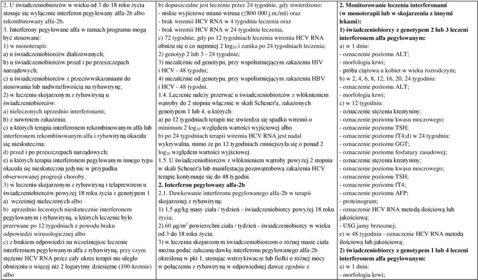 Interferony pegylowane alfa w ramach programu mogą być stosowane: 1) w monoterapii: a) u świadczeniobiorców dializowanych; b) u świadczeniobiorców przed i po przeszczepach narządowych; c) u