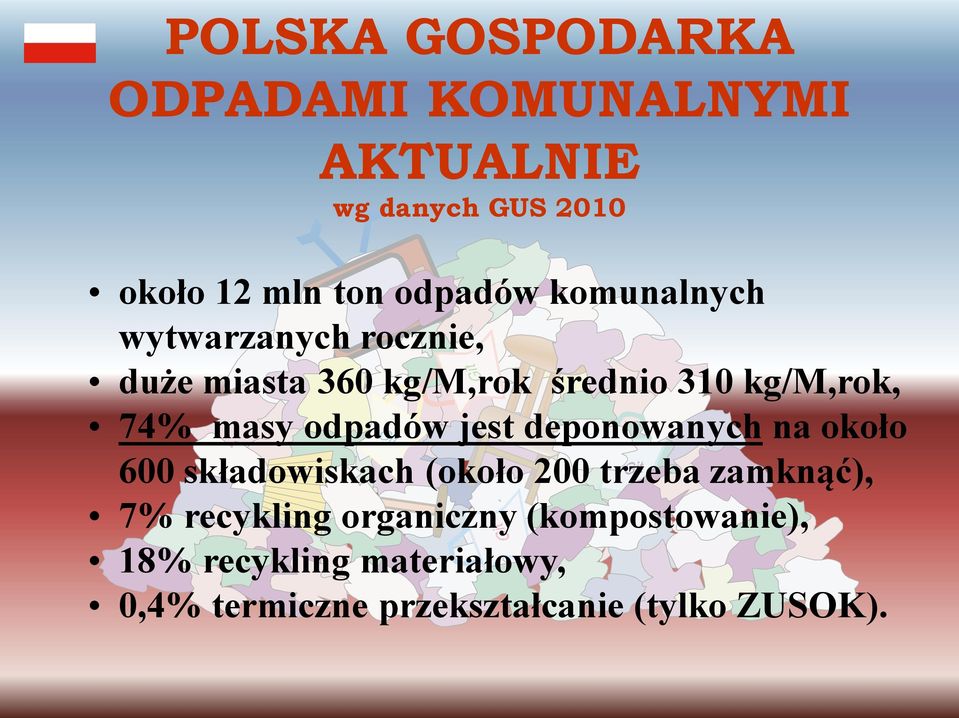 odpadów jest deponowanych na około 600 składowiskach (około 200 trzeba zamknąć), 7% recykling