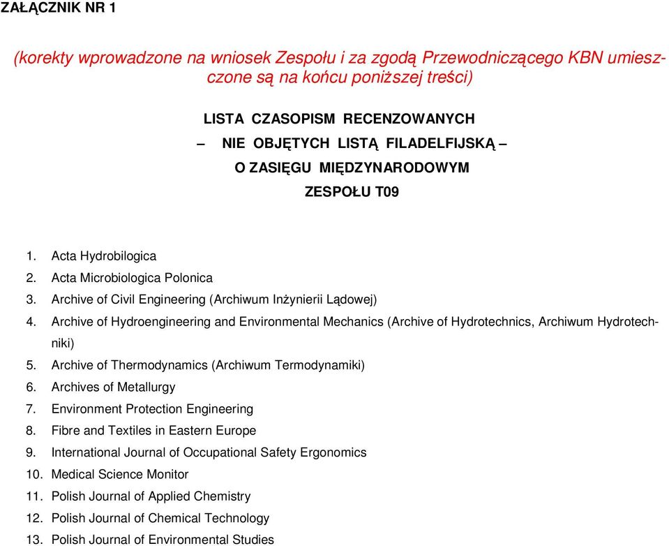 Archive of Hydroengineering and Environmental Mechanics (Archive of Hydrotechnics, Archiwum Hydrotechniki) 5. Archive of Thermodynamics (Archiwum Termodynamiki) 6. Archives of Metallurgy 7.