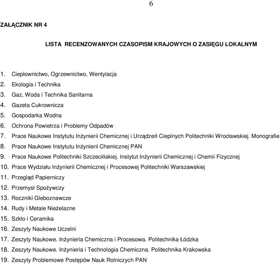 Prace Naukowe Instytutu Inynierii Chemicznej PAN 9. Prace Naukowe Politechniki Szczeciskiej. Instytut Inynierii Chemicznej i Chemii Fizycznej 10.