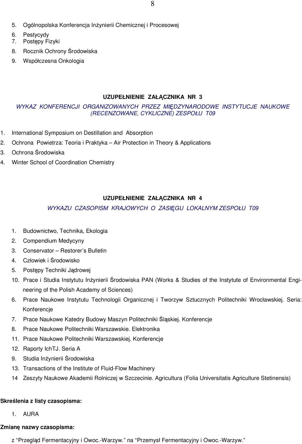 International Symposium on Destillation and Absorption 2. Ochrona Powietrza: Teoria i Praktyka Air Protection in Theory & Applications 3. Ochrona rodowiska 4.