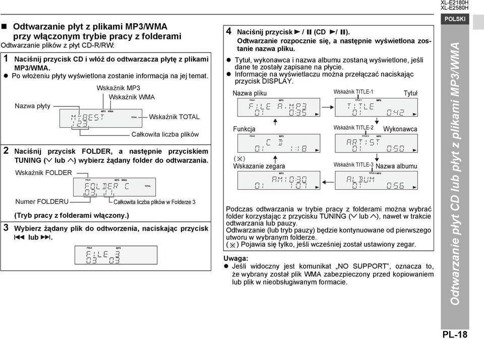 Wskaźnik FOLDER Numer FOLDERU Wskaźnik MP3 Wskaźnik WMA Wskaźnik TOTAL Całkowita liczba plików Całkowita liczba plików w Folderze 3 (Tryb pracy z folderami włączony.