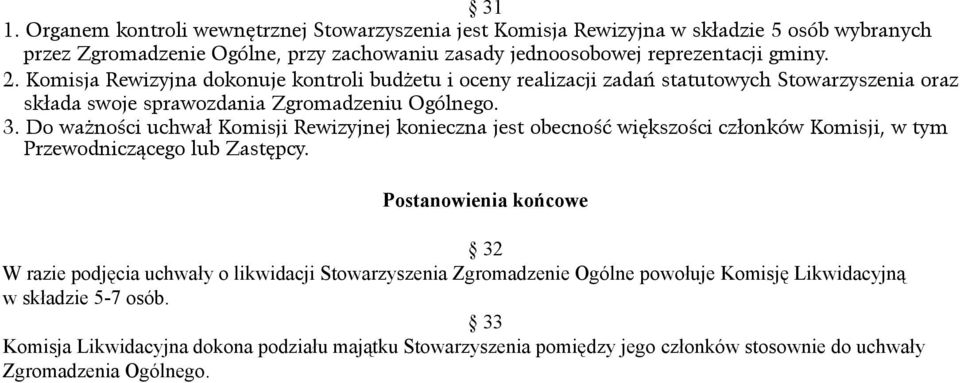 Do ważności uchwał Komisji Rewizyjnej konieczna jest obecność większości członków Komisji, w tym Przewodniczącego lub Zastępcy.