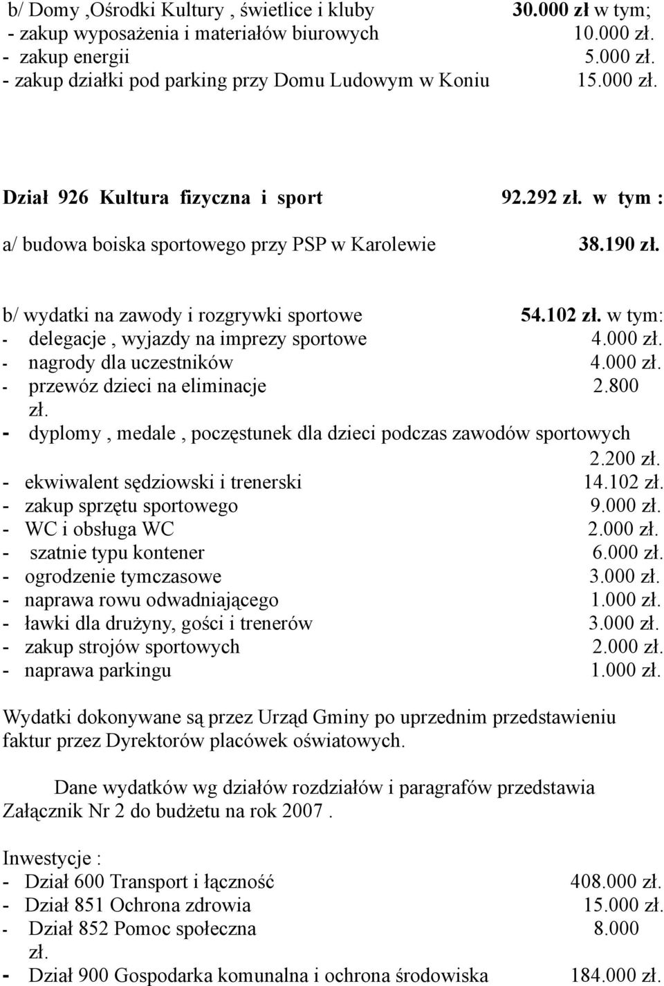 102 w tym: - delegacje, wyjazdy na imprezy sportowe 4.000 - nagrody dla uczestników 4.000 - przewóz dzieci na eliminacje 2.800 - dyplomy, medale, poczęstunek dla dzieci podczas zawodów sportowych 2.