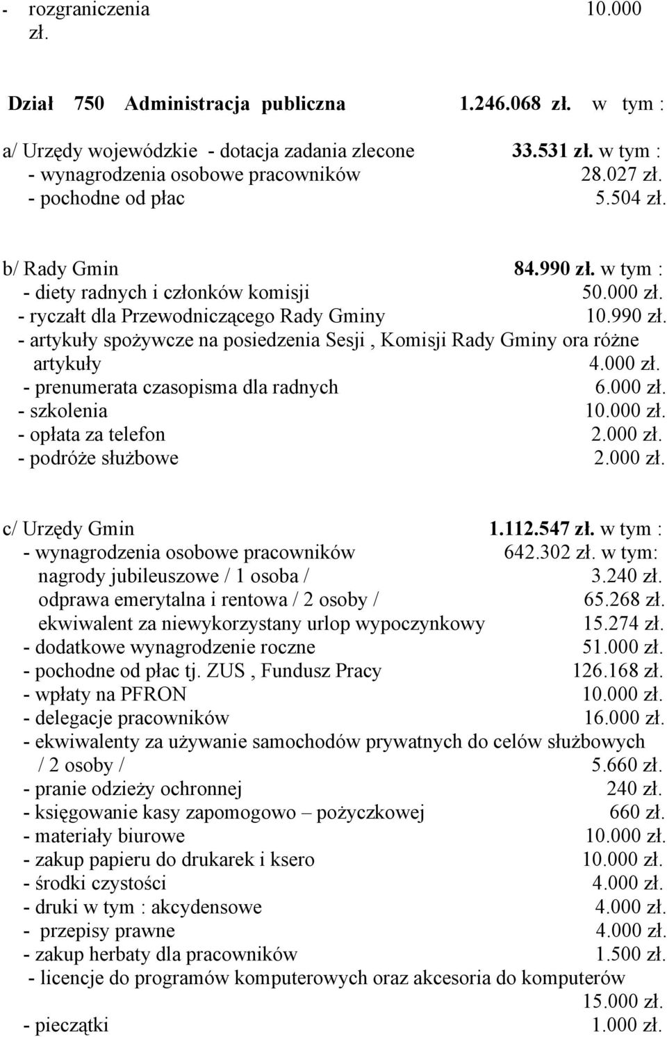 990 - artykuły spożywcze na posiedzenia Sesji, Komisji Rady Gminy ora różne artykuły 4.000 - prenumerata czasopisma dla radnych 6.000 - szkolenia 10.000 - opłata za telefon 2.000 - podróże służbowe 2.