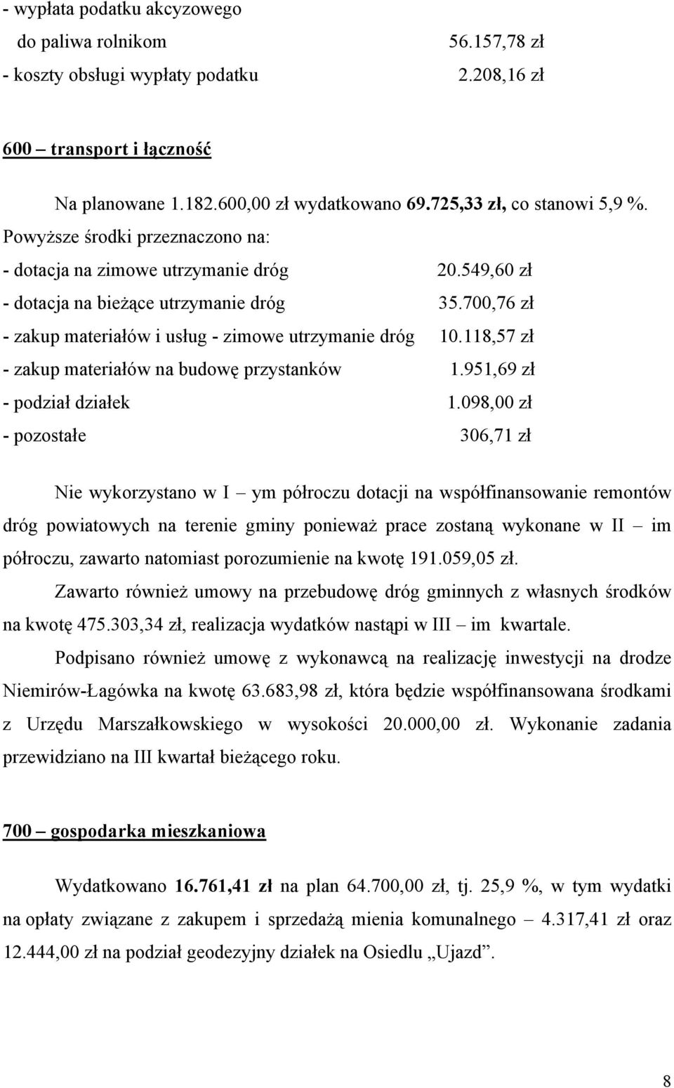 700,76 zł - zakup materiałów i usług - zimowe utrzymanie dróg 10.118,57 zł - zakup materiałów na budowę przystanków 1.951,69 zł - podział działek 1.