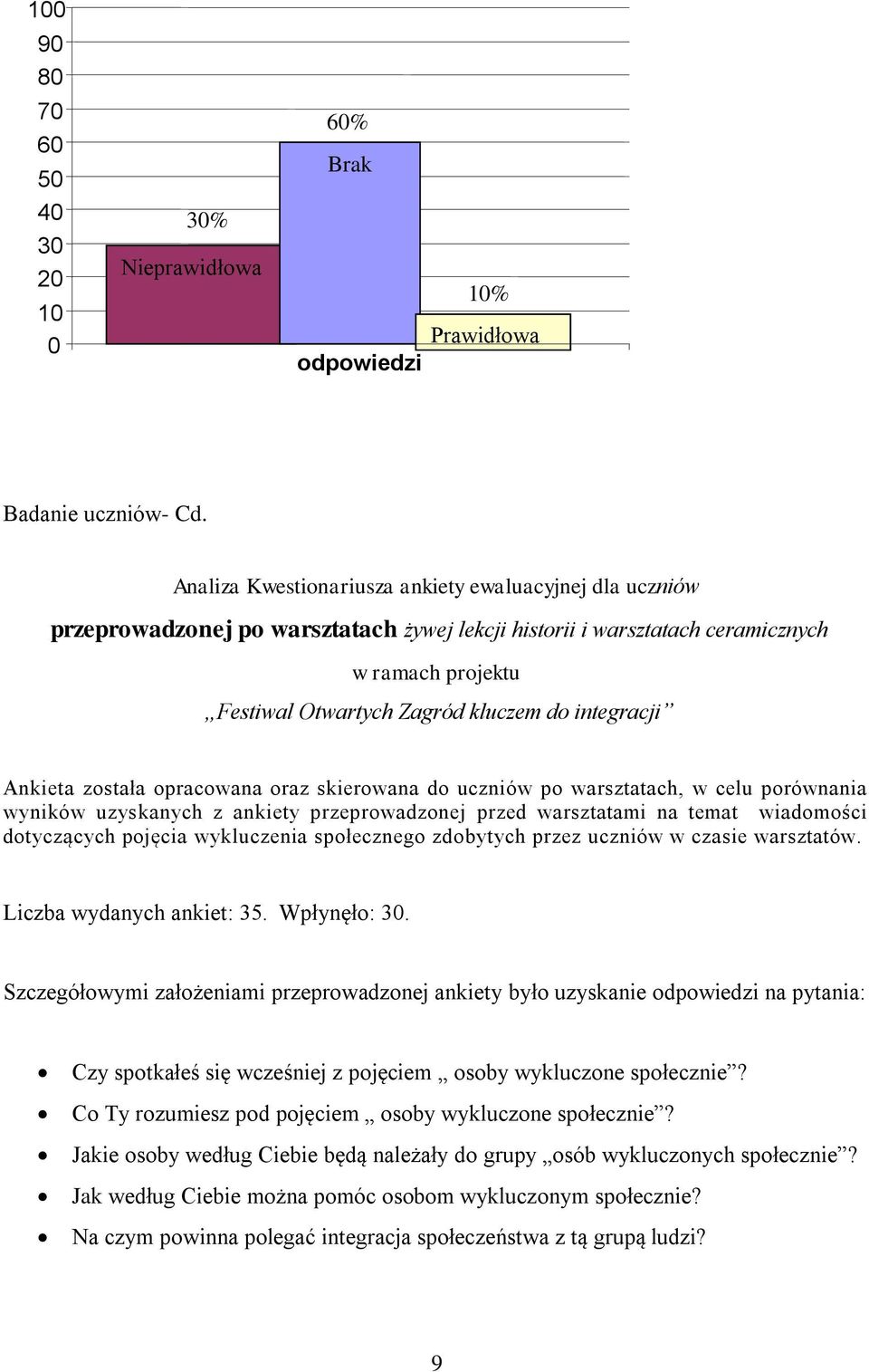 integracji Ankieta została opracowana oraz skierowana do uczniów po warsztatach, w celu porównania wyników uzyskanych z ankiety przeprowadzonej przed warsztatami na temat wiadomości dotyczących