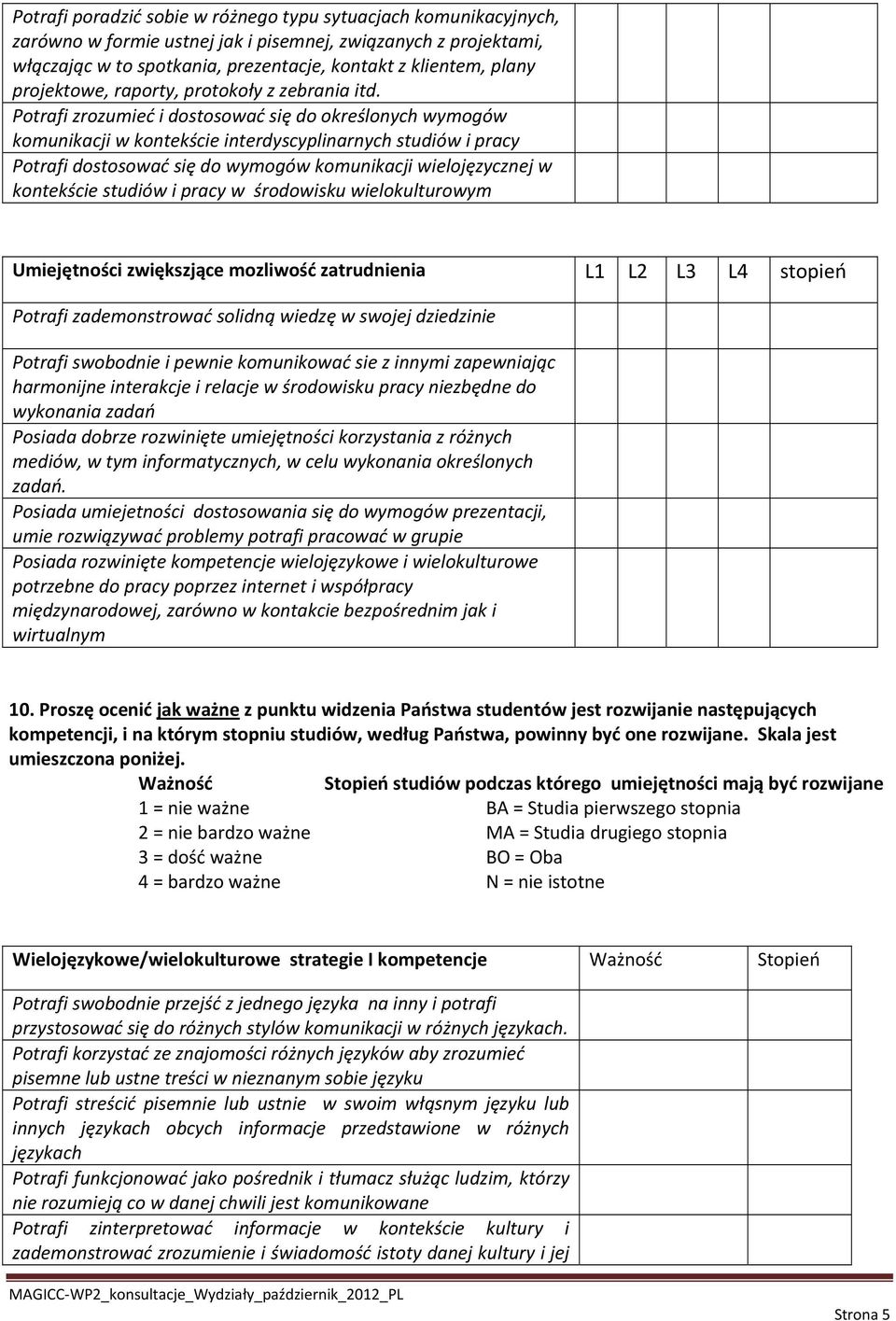 Potrafi zrozumieć i dostosować się do określonych wymogów komunikacji w kontekście interdyscyplinarnych studiów i pracy Potrafi dostosować się do wymogów komunikacji wielojęzycznej w kontekście