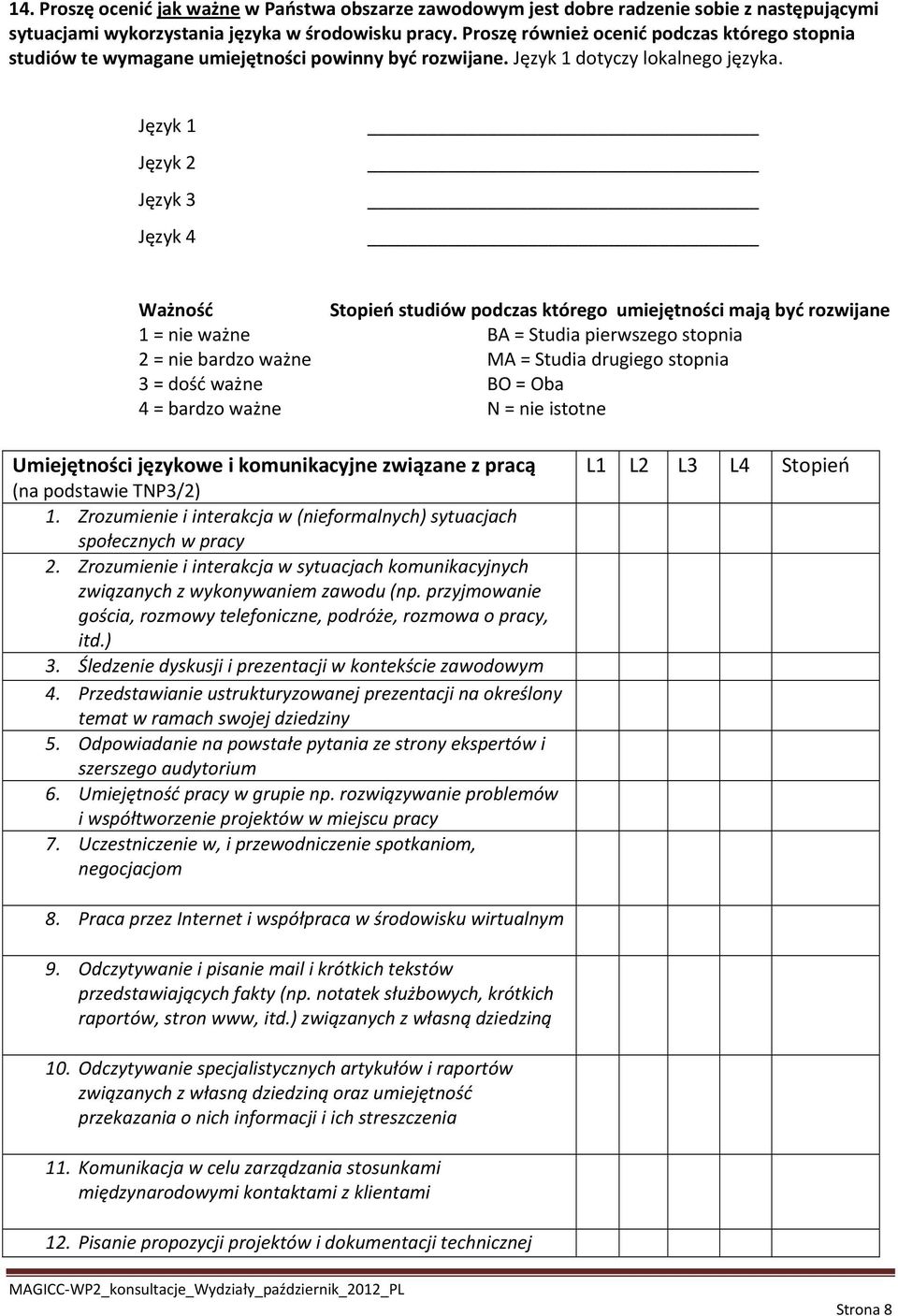 Język 1 Język 2 Język 3 Język 4 Ważność Stopień studiów podczas którego umiejętności mają być rozwijane 1 = nie ważne BA = Studia pierwszego stopnia 2 = nie bardzo ważne MA = Studia drugiego stopnia