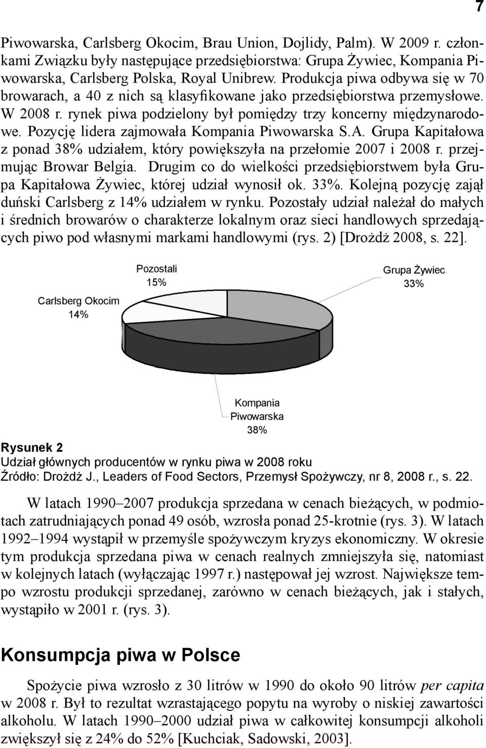 Pozycję lidera zajmowała Kompania Piwowarska S.A. Grupa Kapitałowa z ponad 38% udziałem, który powiększyła na przełomie 2007 i 2008 r. przejmując Browar Belgia.