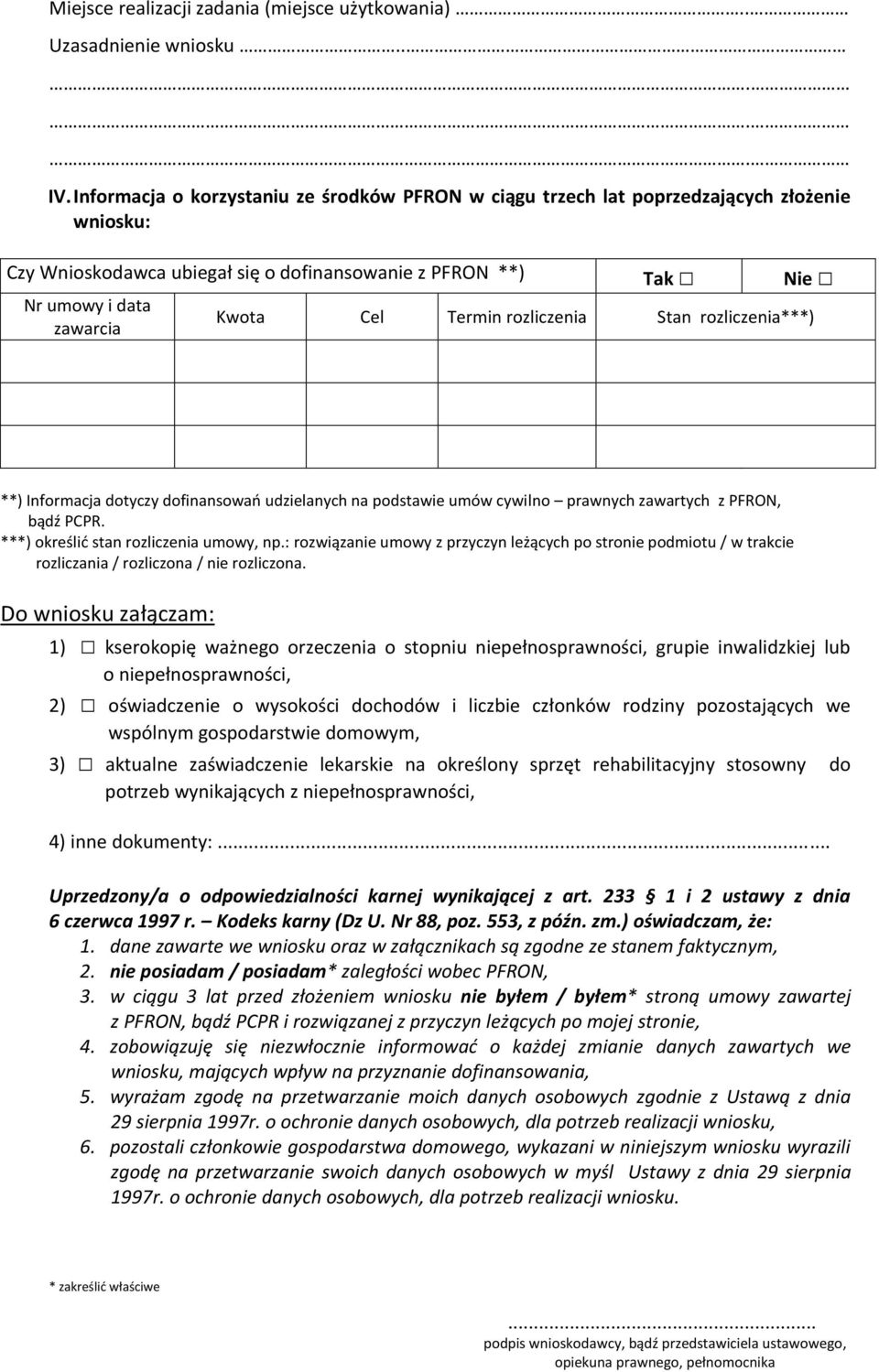 Termin rozliczenia Stan rozliczenia***) **) Informacja dotyczy dofinansowań udzielanych na podstawie umów cywilno prawnych zawartych z PFRON, bądź PCPR. ***) określić stan rozliczenia umowy, np.