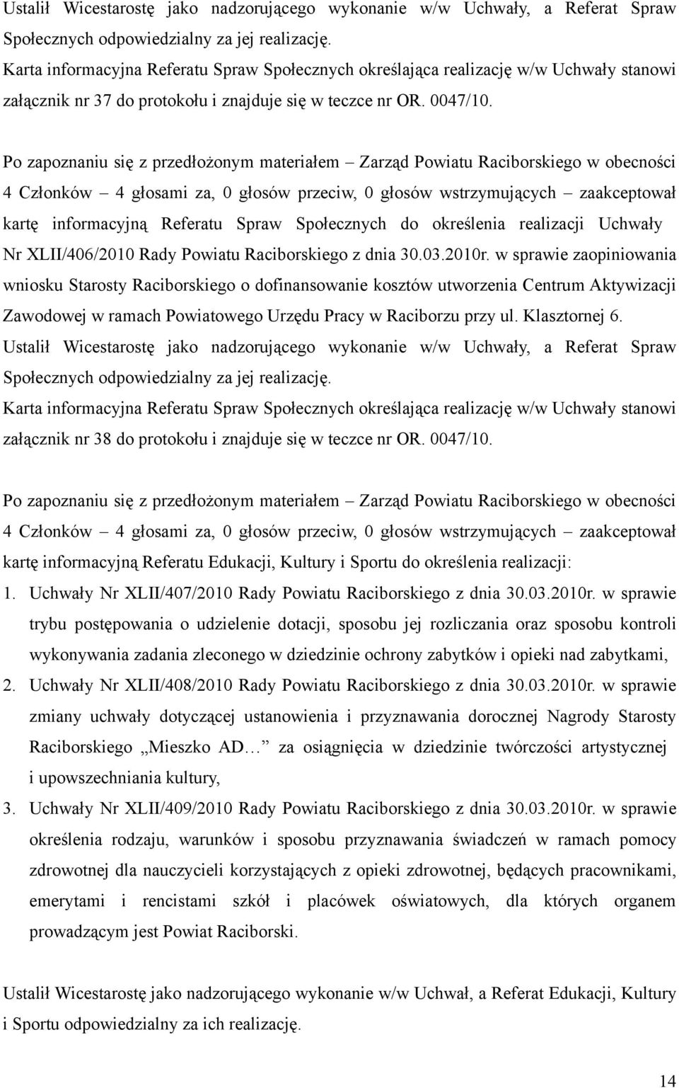 Po zapoznaniu się z przedłożonym materiałem Zarząd Powiatu Raciborskiego w obecności 4 Członków 4 głosami za, 0 głosów przeciw, 0 głosów wstrzymujących zaakceptował kartę informacyjną Referatu Spraw