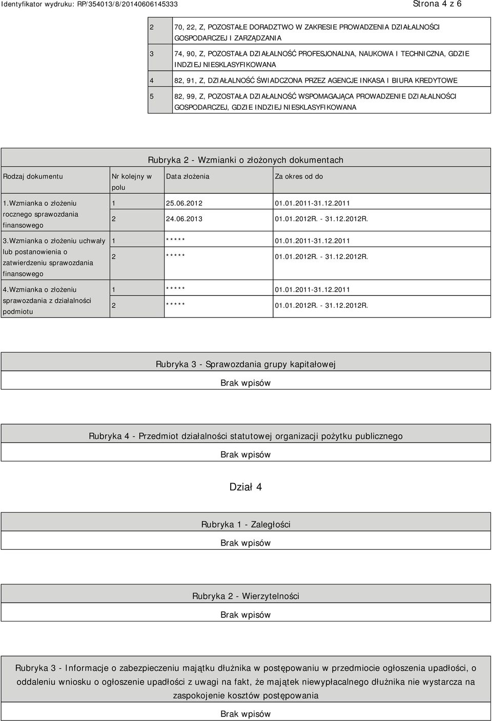 NIESKLASYFIKOWANA Rubryka 2 - Wzmianki o złożonych dokumentach Rodzaj dokumentu Nr kolejny w polu Data złożenia Za okres od do 1.Wzmianka o złożeniu rocznego sprawozdania finansowego 3.