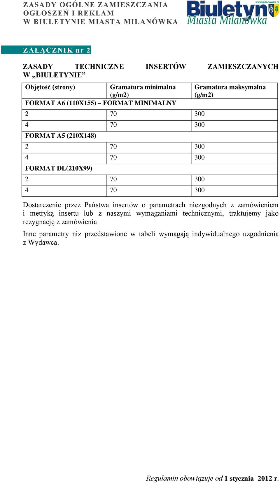 maksymalna (g/m2) Dostarczenie przez Państwa insertów o parametrach niezgodnych z zamówieniem i metryką insertu lub z naszymi