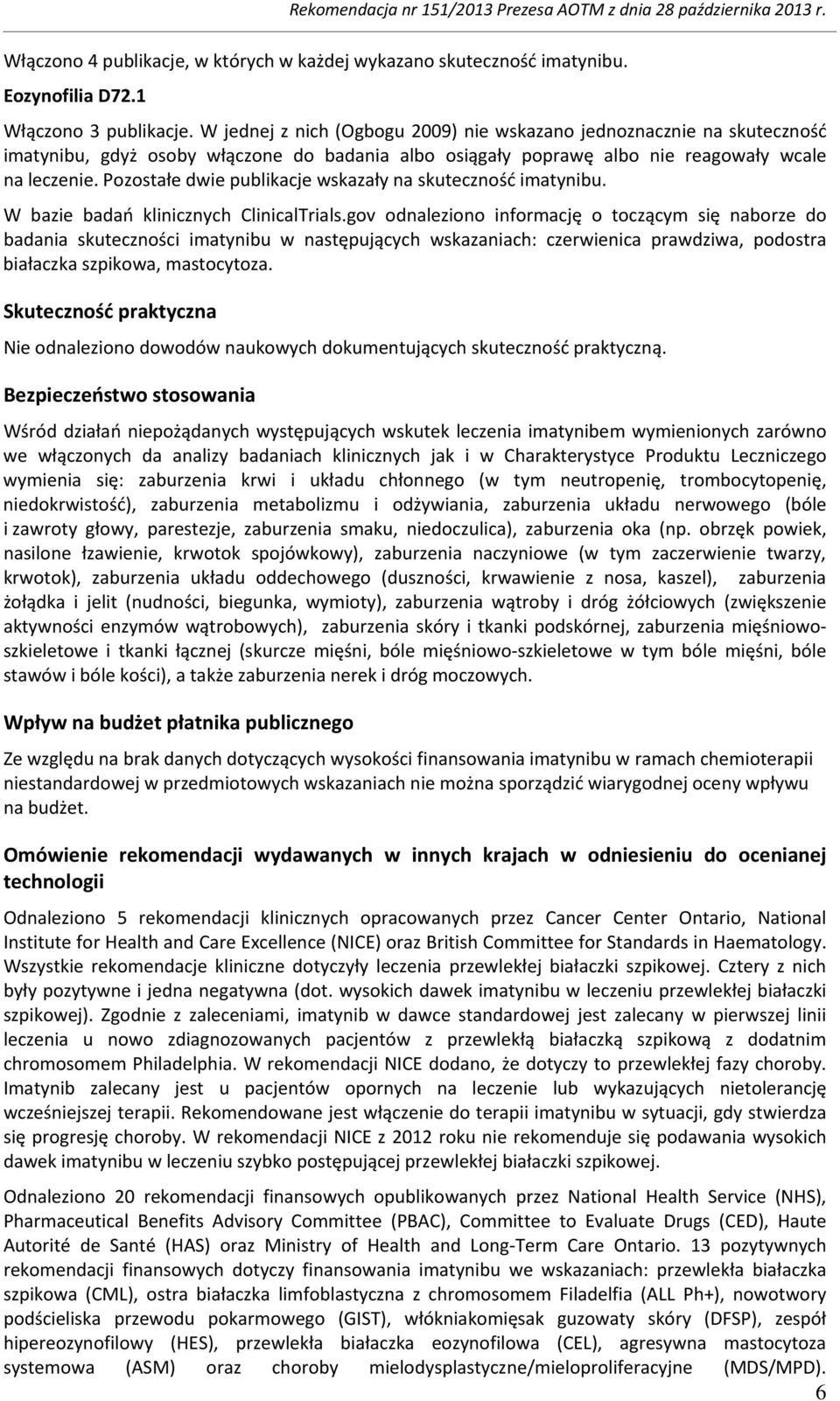 Pozostałe dwie publikacje wskazały na skuteczność imatynibu. W bazie badań klinicznych ClinicalTrials.