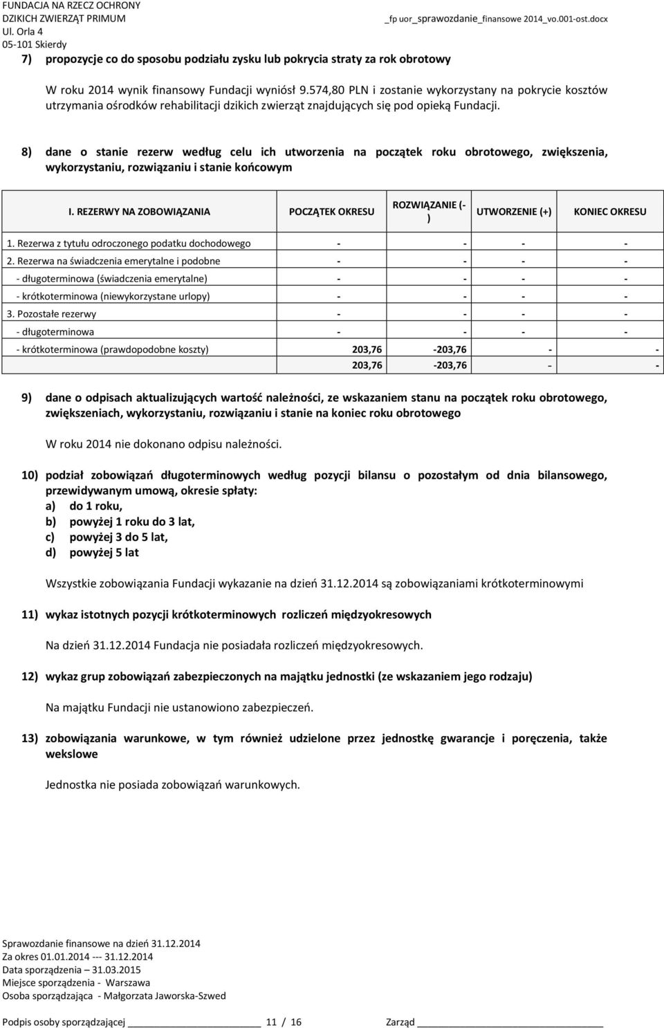 8) dane o stanie rezerw według celu ich utworzenia na początek roku obrotowego, zwiększenia, wykorzystaniu, rozwiązaniu i stanie końcowym I.