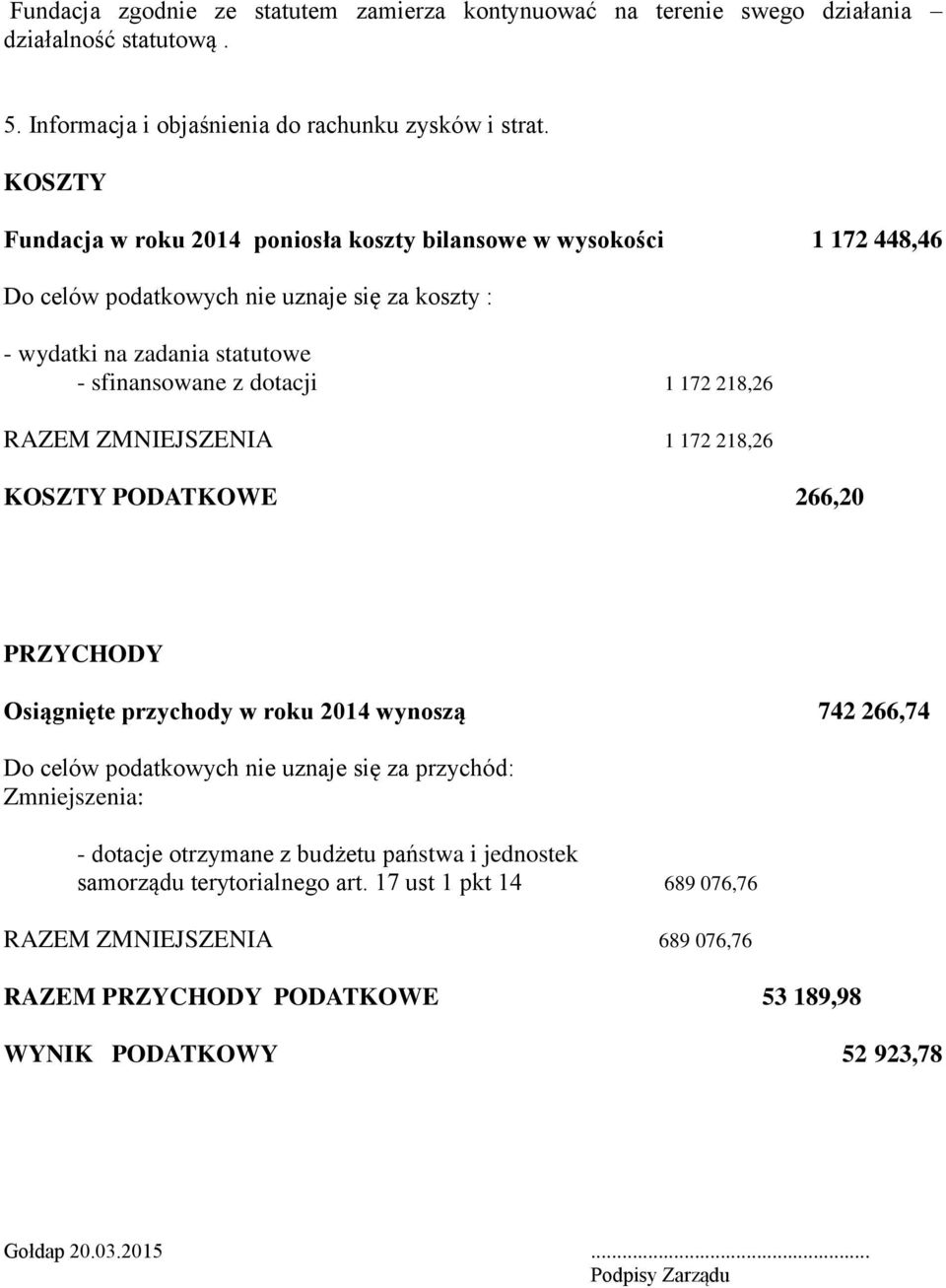 218,26 RAZEM ZMNIEJSZENIA 1 172 218,26 KOSZTY PODATKOWE 266,20 PRZYCHODY Osiągnięte przychody w roku 2014 wynoszą 742 266,74 Do celów podatkowych nie uznaje się za przychód: Zmniejszenia: -