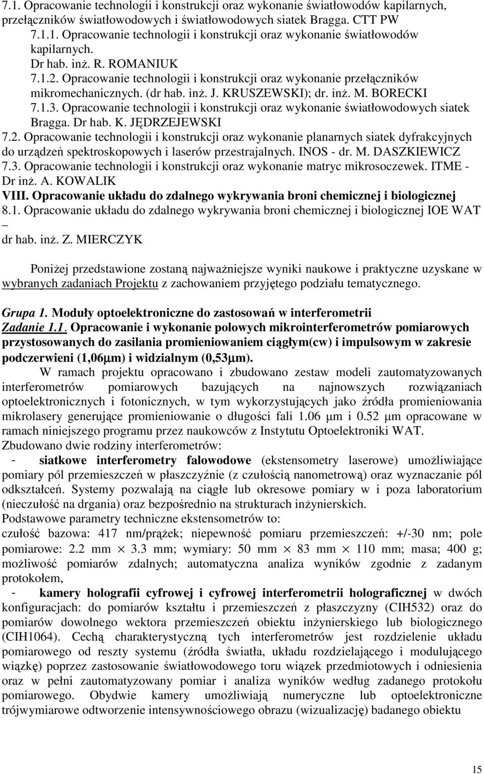 Opracowanie technologii i konstrukcji oraz wykonanie światłowodowych siatek Bragga. Dr hab. K. JĘDRZEJEWSKI 7.2.