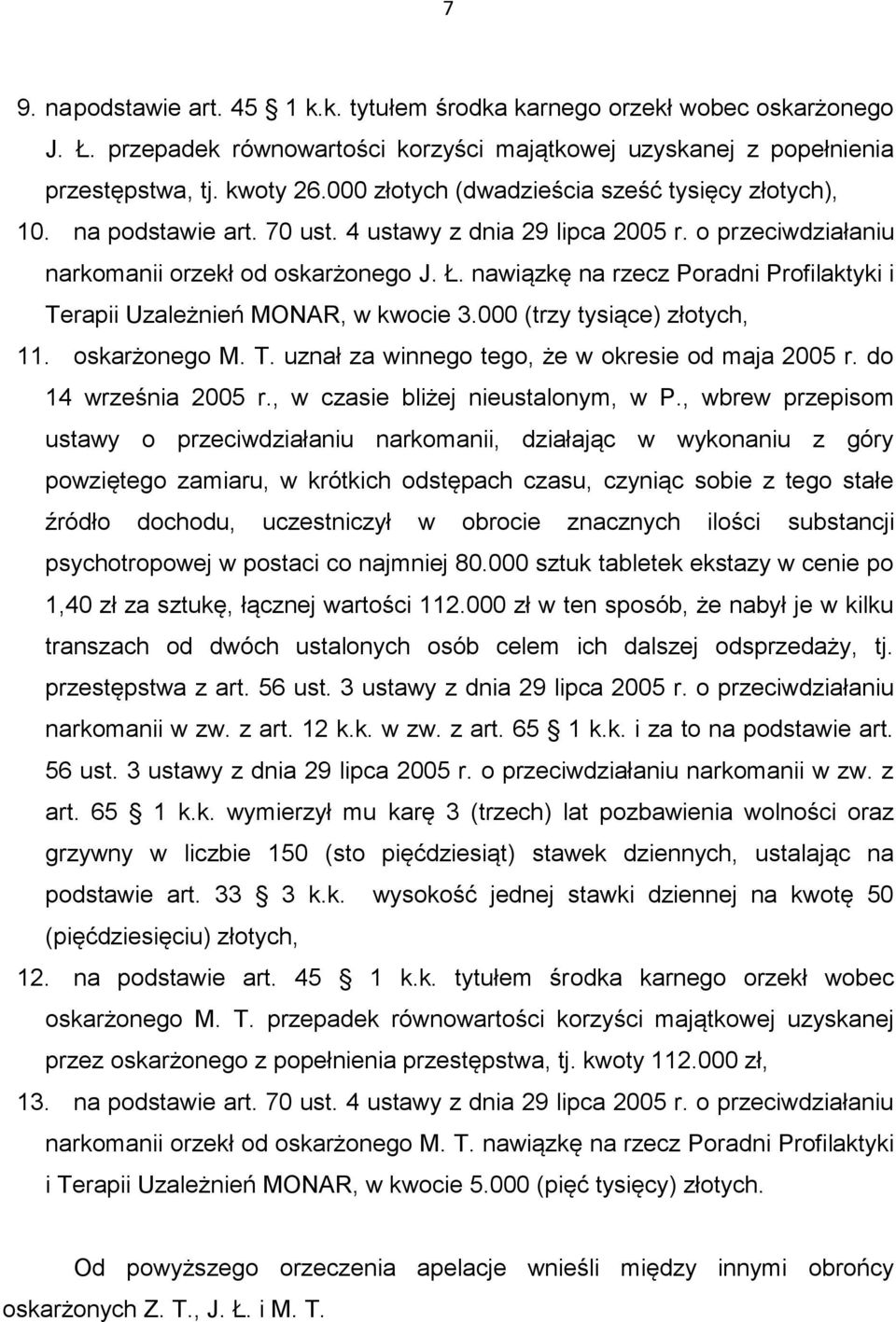 nawiązkę na rzecz Poradni Profilaktyki i Terapii Uzależnień MONAR, w kwocie 3.000 (trzy tysiące) złotych, 11. oskarżonego M. T. uznał za winnego tego, że w okresie od maja 2005 r.