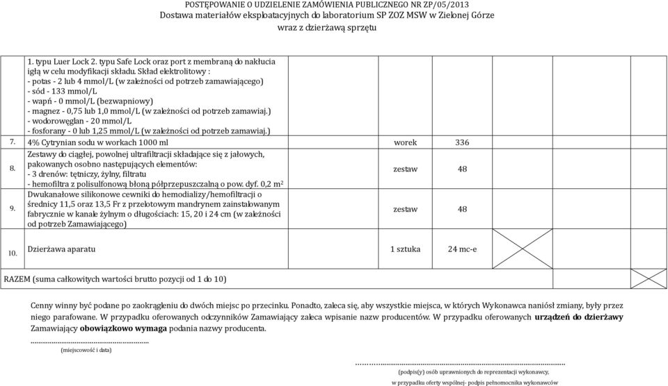 zamawiaj.) - wodorowęglan - 20 mmol/l - fosforany - 0 lub 1,25 mmol/l (w zależności od potrzeb zamawiaj.) 7. 4% Cytrynian sodu w workach 1000 ml worek 336 8. 9.