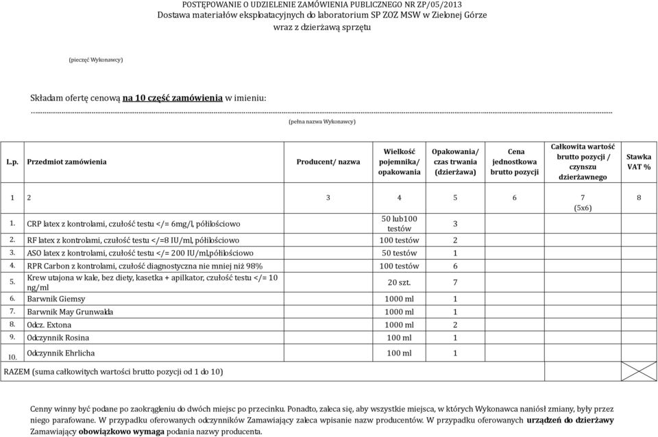 CRP latex z kontrolami, czułość testu </= 6mg/l, półilościowo 50 lub100 testów 3 2. RF latex z kontrolami, czułość testu </=8 IU/ml, półilościowo 100 testów 2 3.