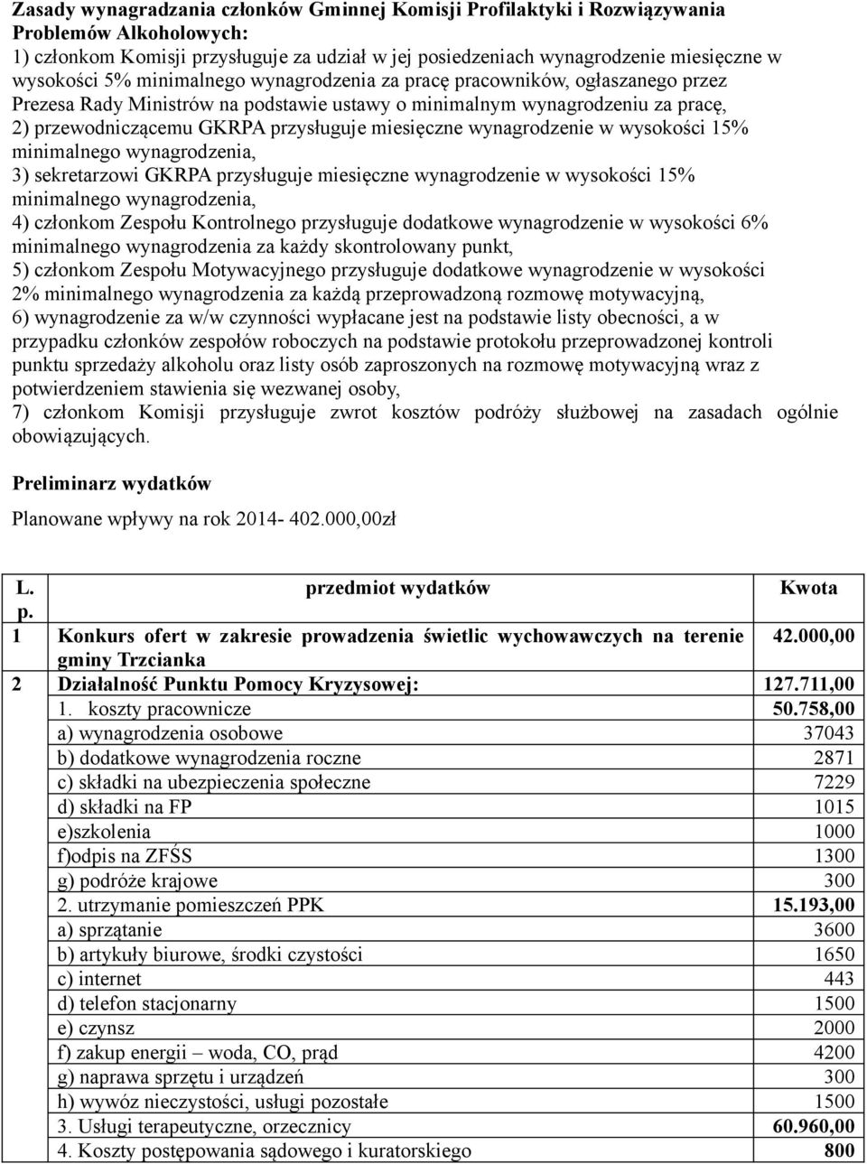 wynagrodzenie w wysokości 15% minimalnego wynagrodzenia, 3) sekretarzowi GKRPA przysługuje miesięczne wynagrodzenie w wysokości 15% minimalnego wynagrodzenia, 4) członkom Zespołu Kontrolnego